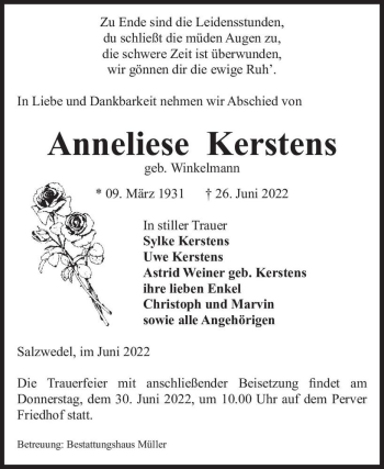 Traueranzeige von Anneliese Kerstens (geb. Winkelmann)  von Magdeburger Volksstimme