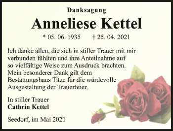 Traueranzeige von Anneliese Kettel  von Magdeburger Volksstimme