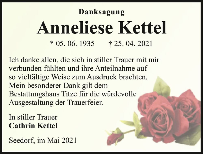  Traueranzeige für Anneliese Kettel  vom 15.05.2021 aus Magdeburger Volksstimme
