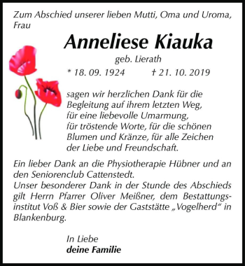 Traueranzeige von Anneliese Kiauka (geb. Lierath)  von Magdeburger Volksstimme