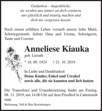 Traueranzeige von Anneliese Kiauka (geb. Lierath)  von Magdeburger Volksstimme
