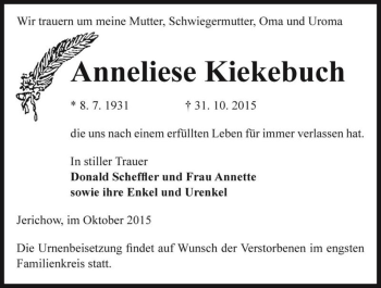 Traueranzeige von Anneliese Kiekebuch  von Magdeburger Volksstimme