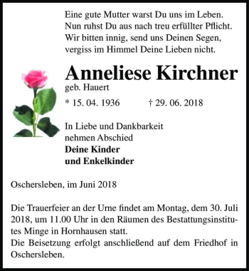 Traueranzeige von Anneliese Kirchner (geb. Hauert)  von Magdeburger Volksstimme