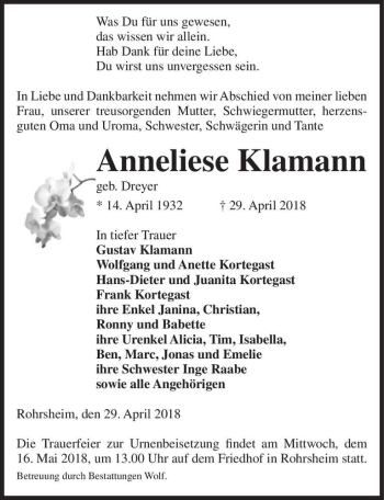 Traueranzeige von Anneliese Klamann (geb. Dreyer)  von Magdeburger Volksstimme