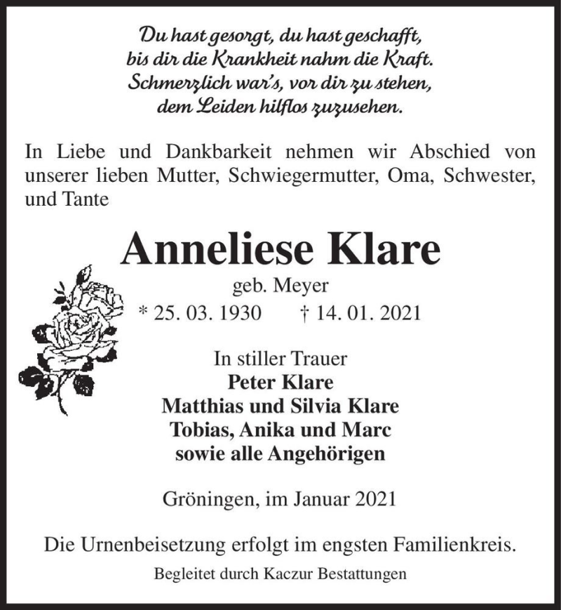  Traueranzeige für Anneliese Klare (geb. Meyer)  vom 21.01.2021 aus Magdeburger Volksstimme