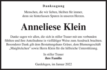 Traueranzeige von Anneliese Klein  von Magdeburger Volksstimme