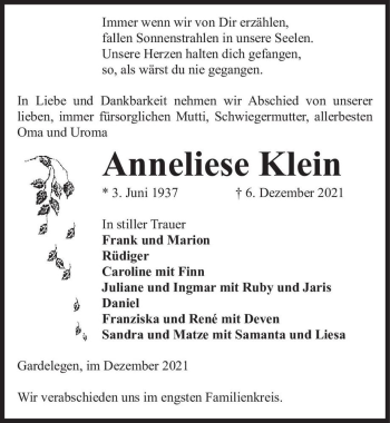Traueranzeige von Anneliese Klein  von Magdeburger Volksstimme