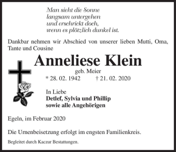 Traueranzeige von Anneliese Klein (geb. Meier)  von Magdeburger Volksstimme