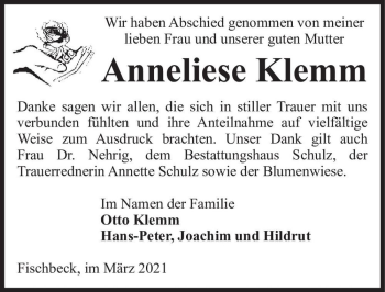 Traueranzeige von Anneliese Klemm  von Magdeburger Volksstimme