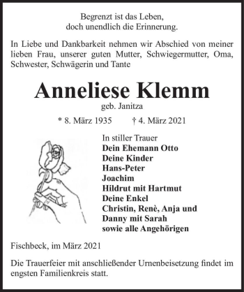 Traueranzeige von Anneliese Klemm (geb. Janitza)  von Magdeburger Volksstimme