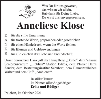 Traueranzeige von Anneliese Klose  von Magdeburger Volksstimme
