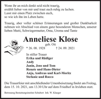 Traueranzeige von Anneliese Klose (geb. Ott)  von Magdeburger Volksstimme