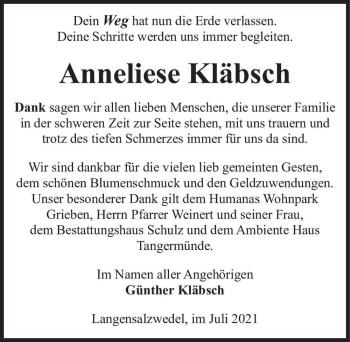 Traueranzeige von Anneliese Kläbsch  von Magdeburger Volksstimme