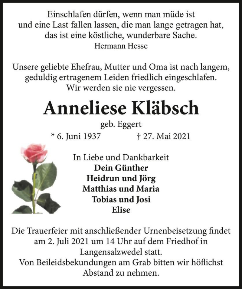  Traueranzeige für Anneliese Kläbsch (geb. Eggert)  vom 03.06.2021 aus Magdeburger Volksstimme