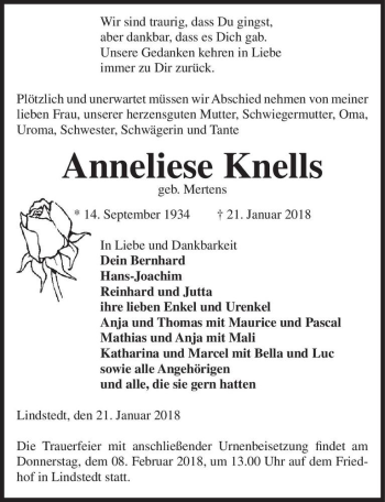 Traueranzeige von Anneliese Knells (geb. Mertens)  von Magdeburger Volksstimme