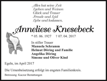 Traueranzeige von Anneliese Knesebeck  von Magdeburger Volksstimme