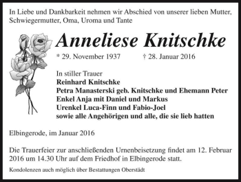 Traueranzeige von Anneliese Knitschke  von Magdeburger Volksstimme