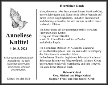 Traueranzeige von Anneliese Knittel  von Magdeburger Volksstimme