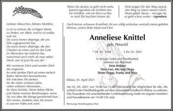 Traueranzeige von Anneliese Knittel (geb. Petzold)  von Magdeburger Volksstimme