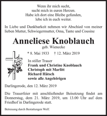 Traueranzeige von Anneliese Knoblauch (geb. Wienecke)  von Magdeburger Volksstimme