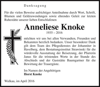 Traueranzeige von Anneliese Knoke  von Magdeburger Volksstimme