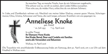 Traueranzeige von Anneliese Knoke (geb. Roloff)  von Magdeburger Volksstimme