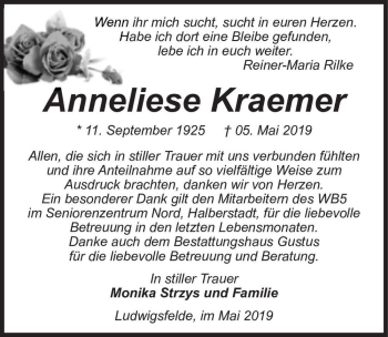 Traueranzeige von Anneliese Kraemer  von Magdeburger Volksstimme