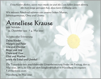 Traueranzeige von Anneliese Krause (geb. Schröder)  von Magdeburger Volksstimme