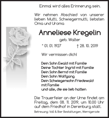 Traueranzeige von Anneliese Kregelin (geb. Walter)  von Magdeburger Volksstimme