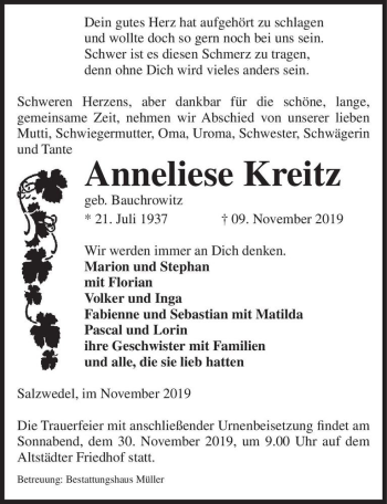 Traueranzeige von Anneliese Kreitz (geb. Bauchrowitz)  von Magdeburger Volksstimme
