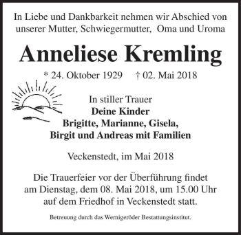 Traueranzeige von Anneliese Kremling  von Magdeburger Volksstimme