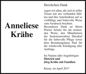 Traueranzeige von Anneliese Krähe  von Magdeburger Volksstimme