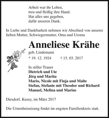 Traueranzeige von Anneliese Krähe (geb. Lindemann)  von Magdeburger Volksstimme