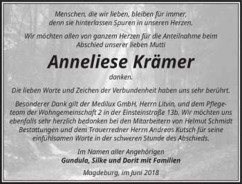 Traueranzeige von Anneliese Krämer  von Magdeburger Volksstimme