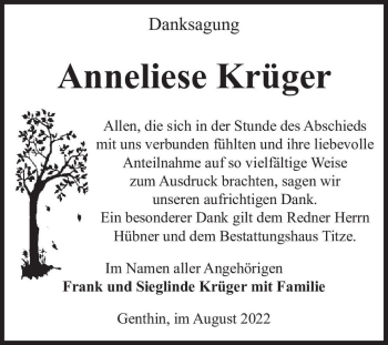 Traueranzeige von Anneliese Krüger  von Magdeburger Volksstimme