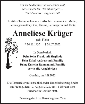 Traueranzeige von Anneliese Krüger (geb. Fiehn)  von Magdeburger Volksstimme