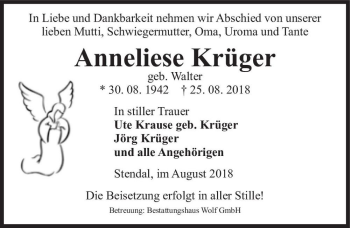 Traueranzeige von Anneliese Krüger (geb. Walter)  von Magdeburger Volksstimme