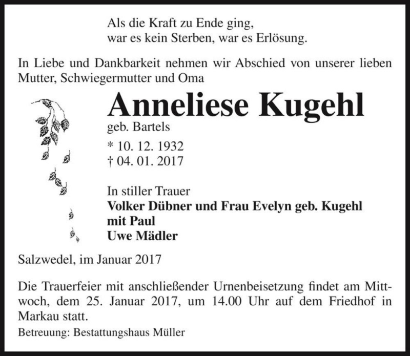  Traueranzeige für Anneliese Kugehl (geb. Bartels)  vom 13.01.2017 aus Magdeburger Volksstimme