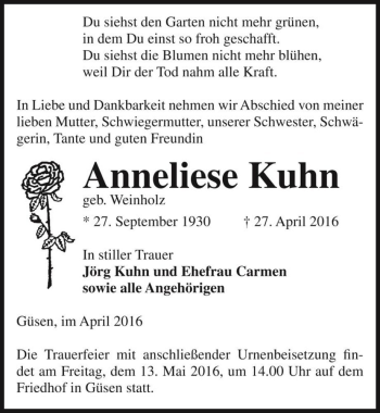 Traueranzeige von Anneliese Kuhn (geb. Weinholz)  von Magdeburger Volksstimme