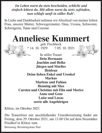 Traueranzeige von Anneliese Kummert (geb. Fischbeck)  von Magdeburger Volksstimme