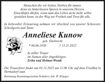 Traueranzeige von Anneliese Kunow (geb. Ehebrecht)  von Magdeburger Volksstimme