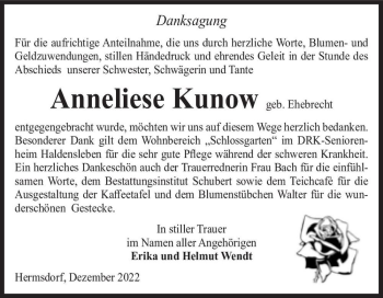 Traueranzeige von Anneliese Kunow (geb. Ehebrecht)  von Magdeburger Volksstimme
