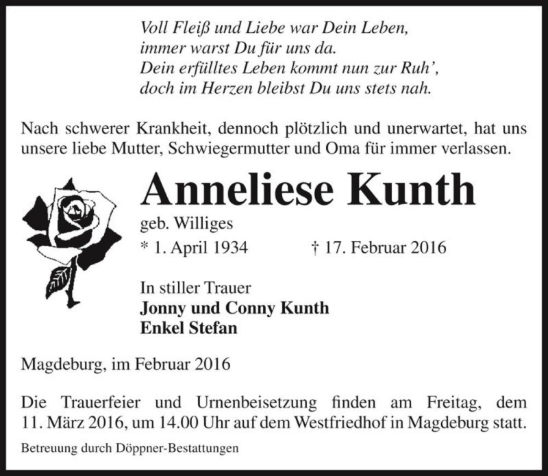  Traueranzeige für Anneliese Kunth (geb. Williges)  vom 05.03.2016 aus Magdeburger Volksstimme