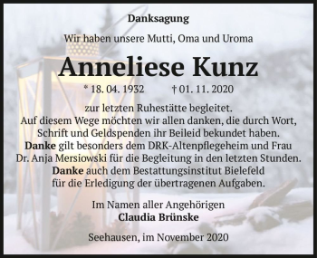 Traueranzeige von Anneliese Kunz  von Magdeburger Volksstimme