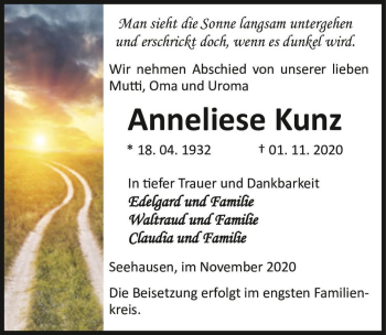 Traueranzeige von Anneliese Kunz  von Magdeburger Volksstimme