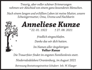 Traueranzeige von Anneliese Kunze  von Magdeburger Volksstimme