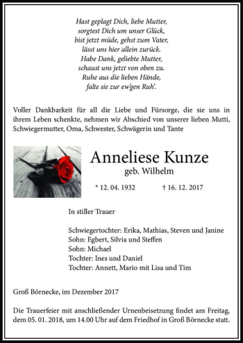 Traueranzeige von Anneliese Kunze (geb. Wilhelm)  von Magdeburger Volksstimme