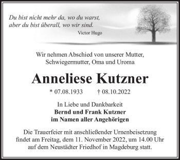 Traueranzeige von Anneliese Kutzner  von Magdeburger Volksstimme