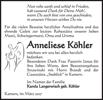 Traueranzeige von Anneliese Köhler  von Magdeburger Volksstimme