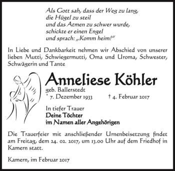 Traueranzeige von Anneliese Köhler (geb. Ballerstedt)  von Magdeburger Volksstimme